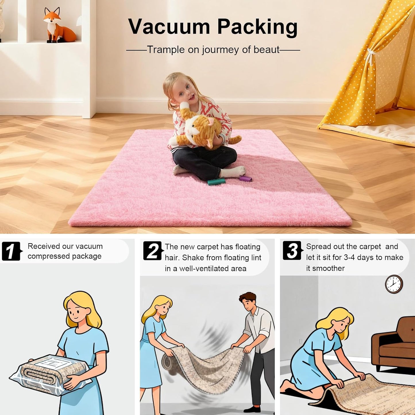 Skiennix Pink Area Rug - Fluffy 2x3 Soft Shag Carpet with Non-Slip Strips for Kids' Room Decor