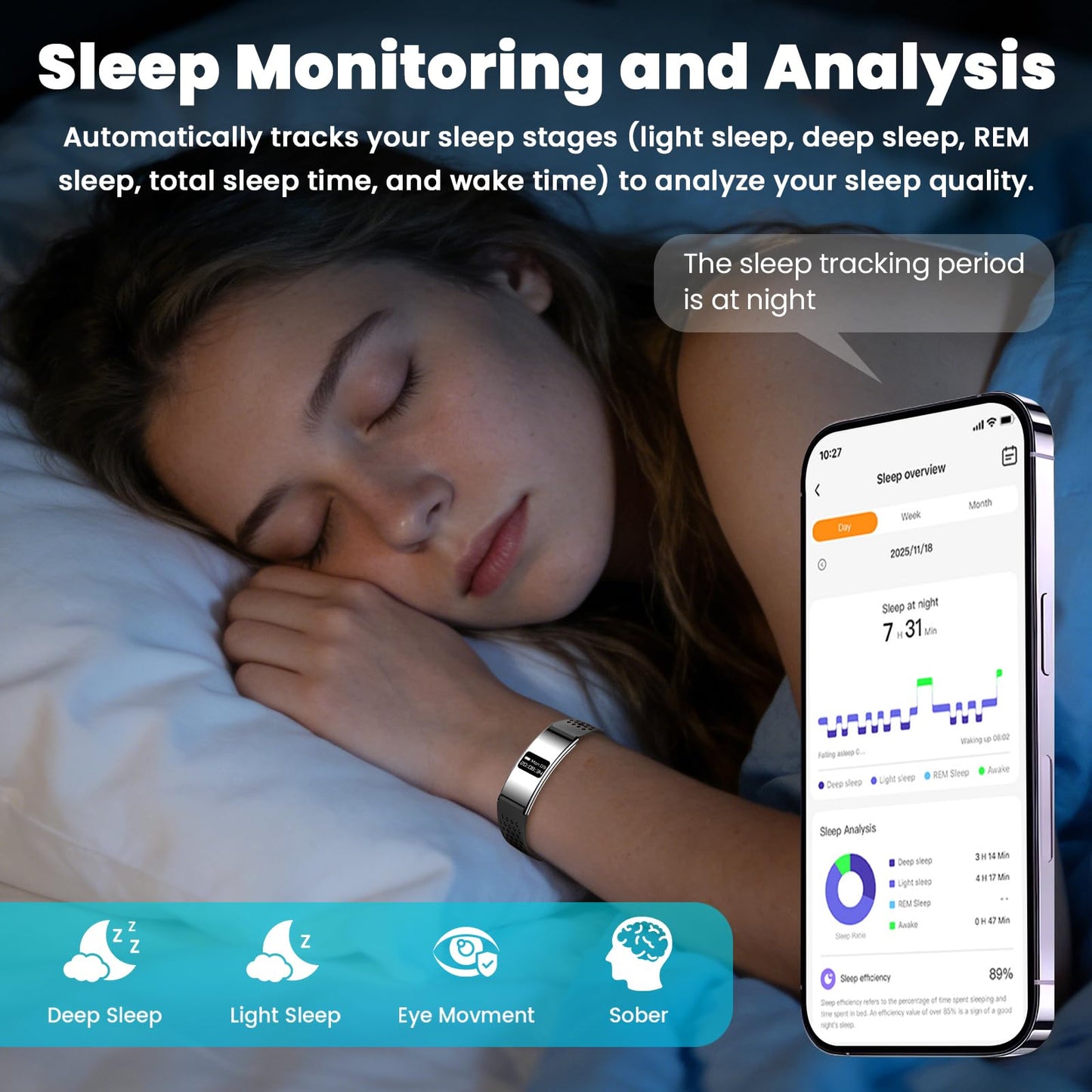 Smart Fitness Tracker with 24/7 Heart Rate, Sleep Tracking, IPX8 Waterproof, HD Display, 24+ Sports Modes, Pedometer, Phone Notifications, Music Control(Silver)