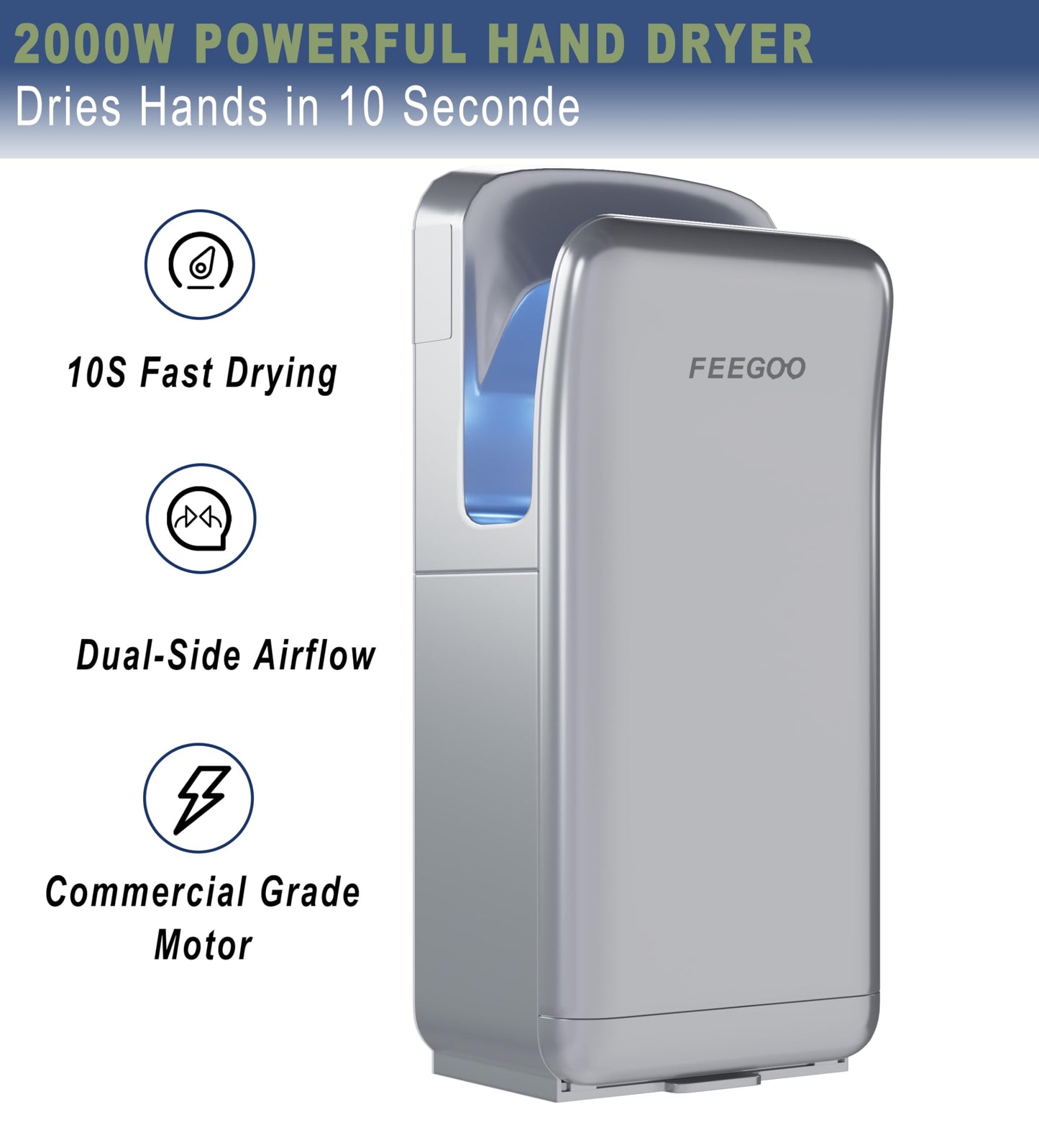 FEEGOO Commercial Vertical Hand Dryer – High-Speed Drying with HEPA Filtration & Stable Operation for Offices, Restrooms & High-Traffic Facilities,Silver