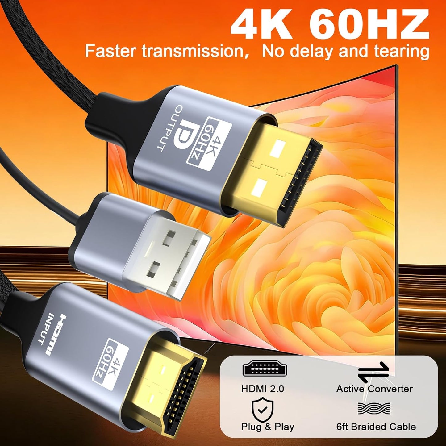 Coreprin 6 4K@60Hz PS5, HDMI to DisplayPort Adapter, feet Active HDMI to DP Braided Cable, Uni-Directional HDMI to DP