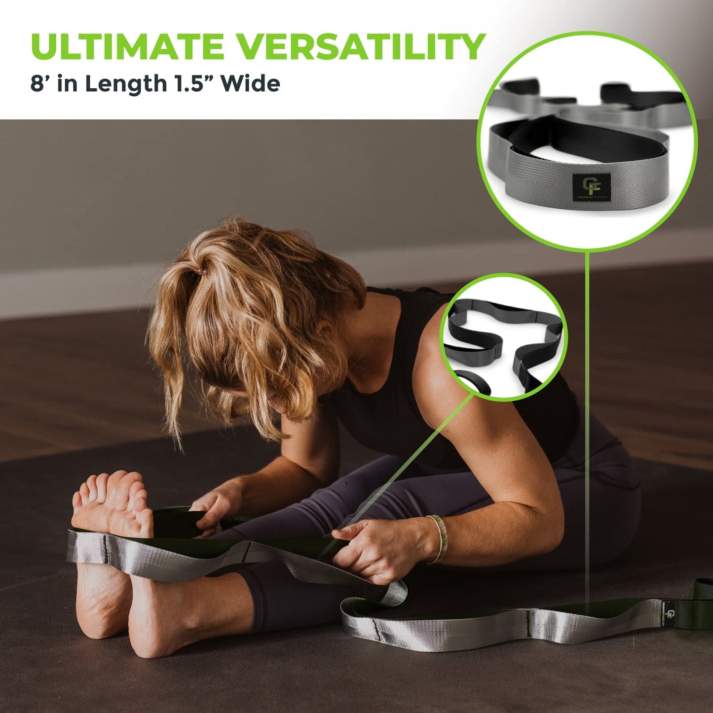 Gradient Fitness Stretching Strap for Physical Therapy, 12 Multi-Loop Stretch Strap 1.5" W x 8' L, Neoprene Handles, Physical Therapy Equipment, Yoga Straps for Stretching, Leg Stretcher, (Black/Grey)