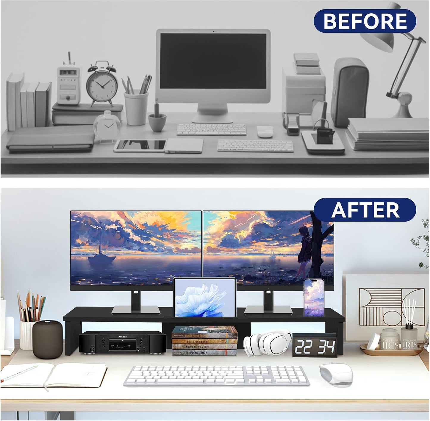 35.8in 2 Dual Monitor Stand Riser with Phone Tablet Holder, Large Monitor Stand for Desk, Computer Monitor Stand