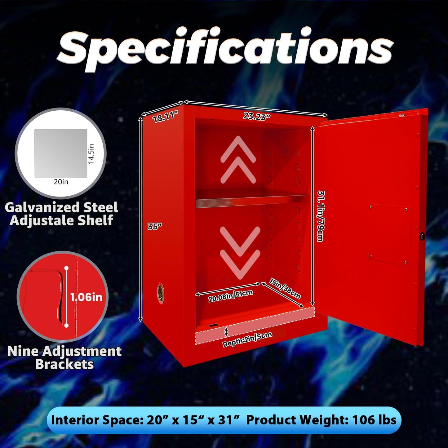 Hazardous Storage Cabinet, 40 Gallon Flammable Storage Cabinet with Adjustable Shelf, Thickened Galvanized Steel Chemical Safety Cabinet for Flammable Liquids, Industrial Use (23"W x 18"D x 35"H)
