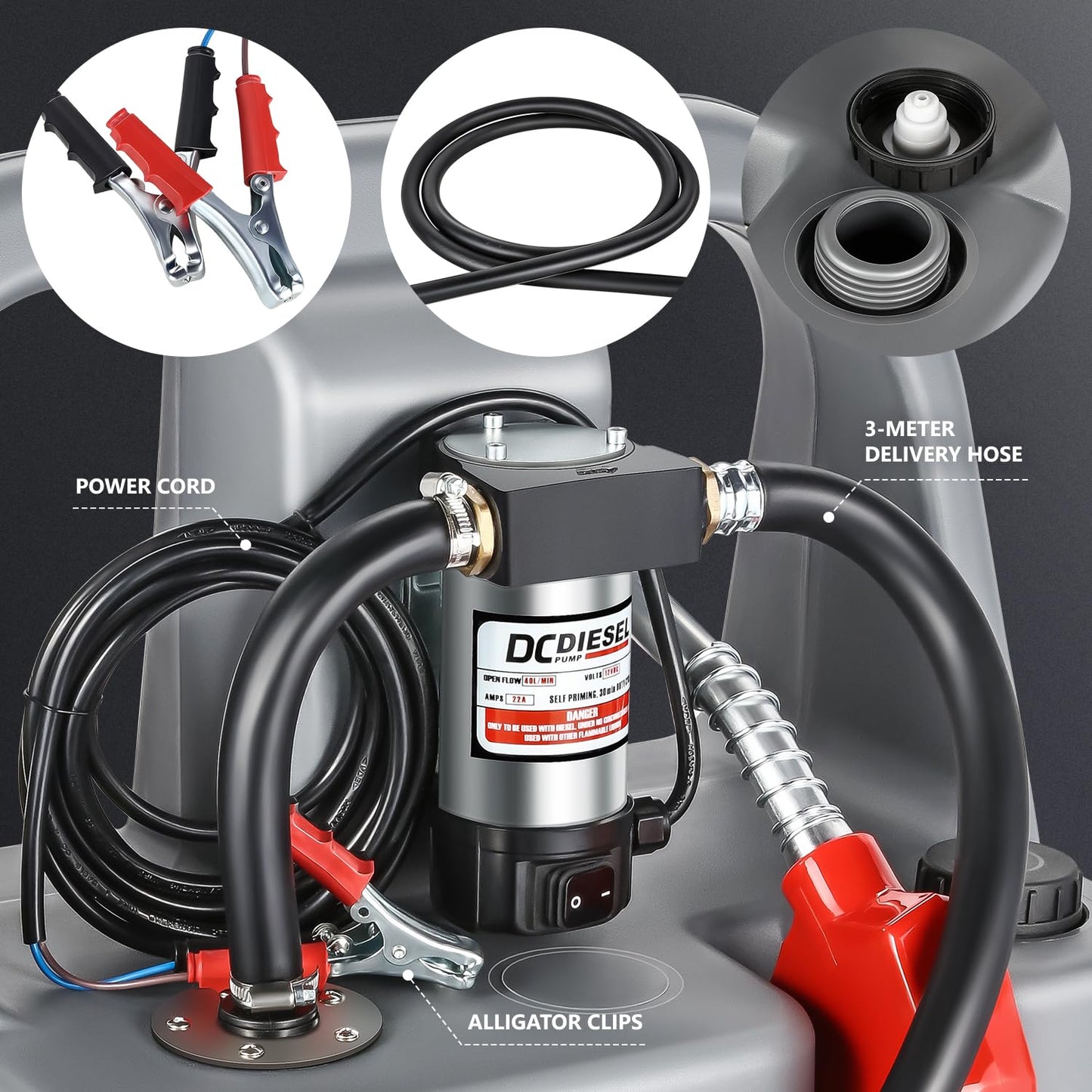 DNA MOTORING Portable Fuel Tank Caddy 26 Gallon 100L 12V Diesel Transfer Unit for Cars Trucks Lawn Mowers ATVs Boats,Grey,TOOLS-00303