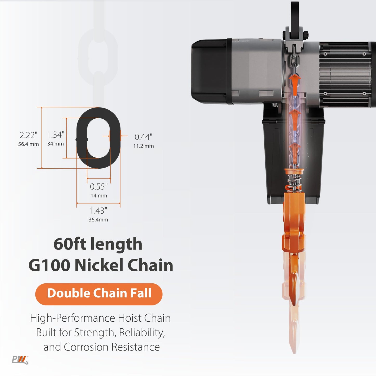 Prowinch 5 Ton Electric Chain Hoist – Single Speed, Heavy Duty H4, Dual Voltage 208/480V 3-Phase, 30 ft Lifting Height, G100 Nickel Chain, IP55 – ASME B30.16 Industrial Hoist