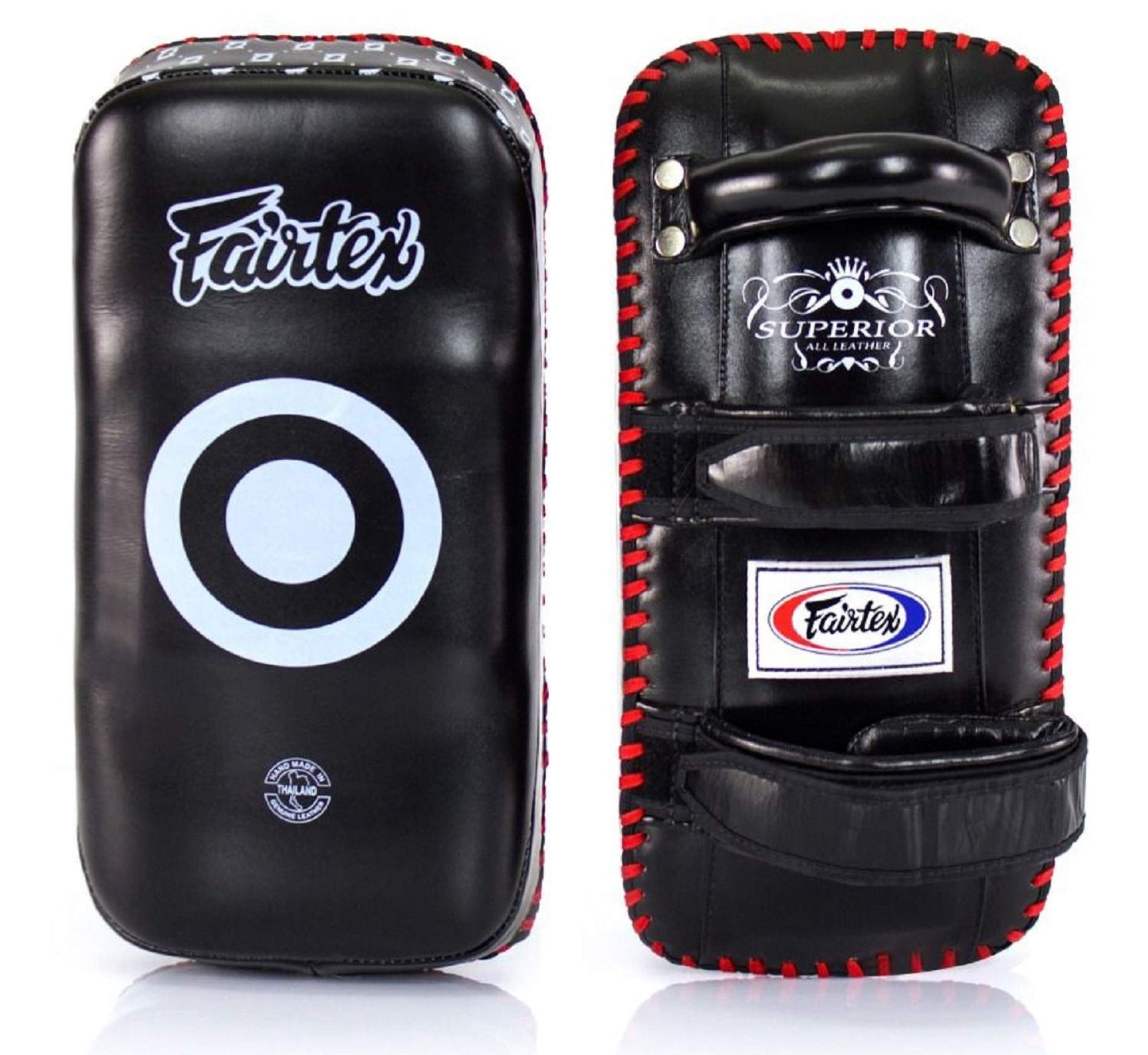 Fairtex KPLS2 Muay Thai Kick Pads Superior All Genuine Leather | Professional Training Pads for Boxing, MMA, and More | Cow Hide Leather, Curved Design, Hook & Loop Closure, Padded Straps (Black/Red)
