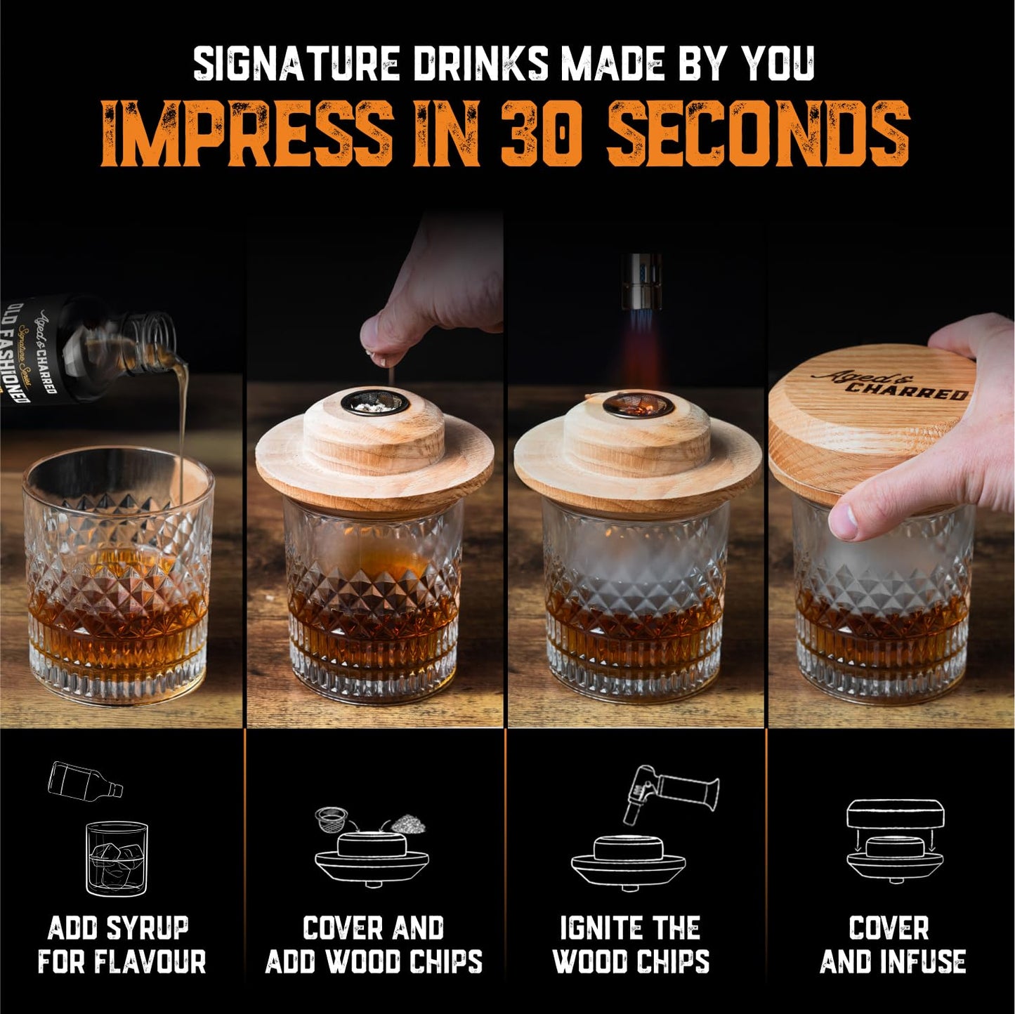Whiskey Smoker Kit with Torch and Butane and Old Fashioned Syrup - 8 Flavors Wood Chips, 100% USA Oak, High-End Set - Old Fashioned Bourbon Cocktail Smoker Kit Gift for Men Dad