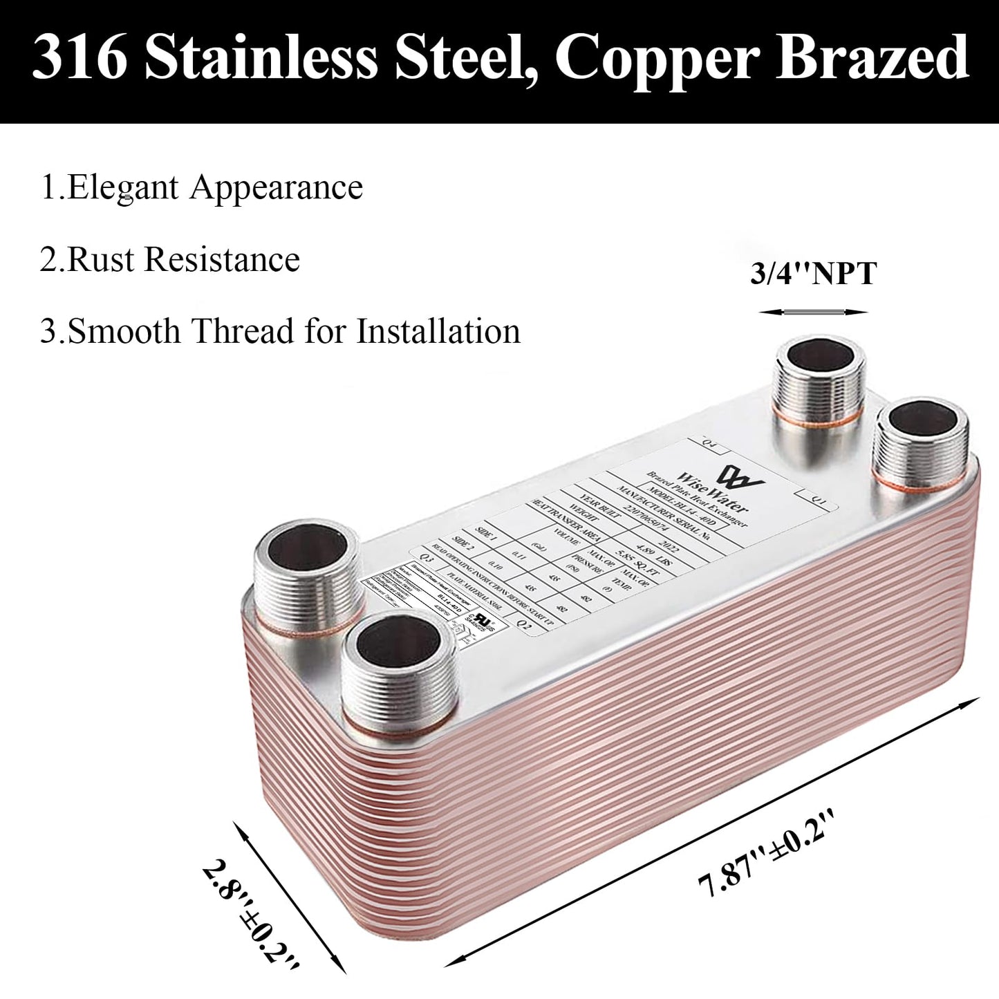 AB Plate Heat Exchanger, 3"x8" 40 Plates Water To Water Heat Exchanger, Copper/SS316L Stainless Steel Brazed Plate Heat Exchanger For Floor Heating, Water Heating, Snow Melting