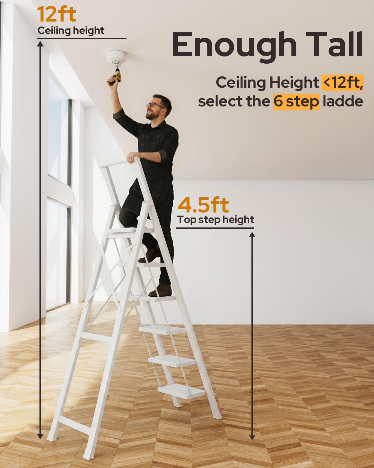 GameGem 6 Step Ladder for 12 Feet High Ceiling, Lightweight Aluminum Folding Step Stool with Convenient Handgrip, Stepladders with Anti-Slip and Wide Pedal for Home Use Space Saving - White
