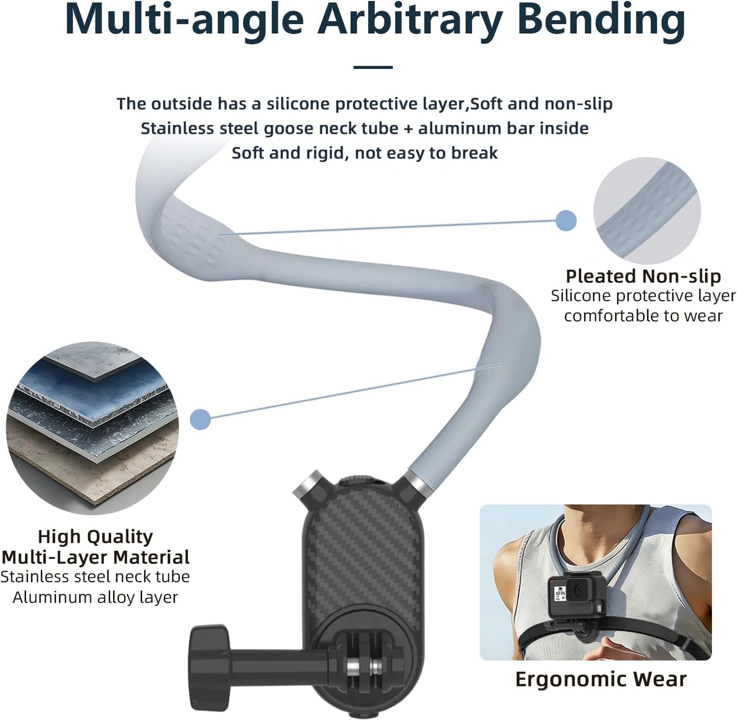 KINGJOY 13/12, 5/4 360 Action Camera Neck Mount, Flexible Silicone POV Neck Holder with Anti-Shake Chest Strap, Quick