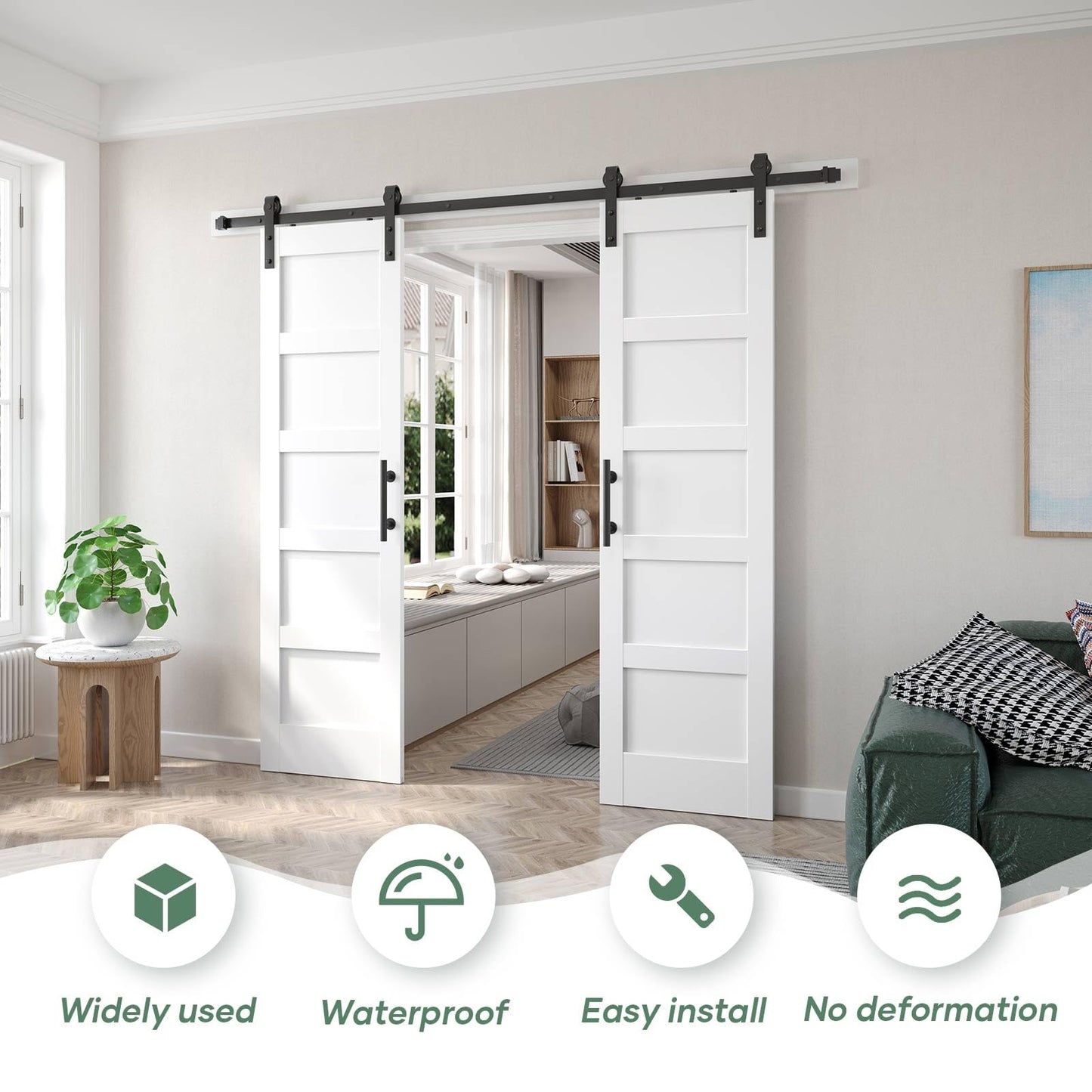 Fredbeck Double 24x84 inch White Barn Door with 8FT Barn Door Hardware Kit Included,with MDF and Wood,DIY Assembly,5-Panel,48inch barn Door,Fit 45in-47in Opening