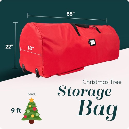 Handy Laundry Christmas Tree Storage Bag - Heavy Duty Waterproof Container for 9 Ft Tree | Red with Wheels