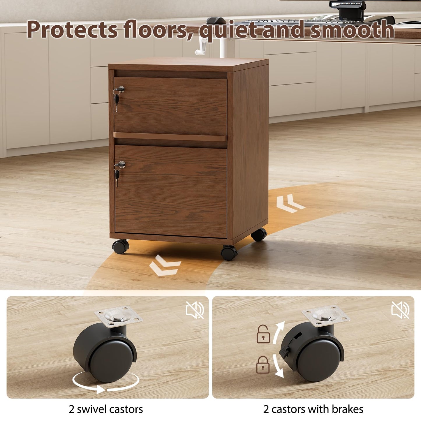 KungFuWood Wheeled Double-Drawer Filing Cabinet, Lockable Metal Filing Cabinet, Suitable for Home Offices or Storage cupboards for Storing Legal documents or Letter-Sized Files.