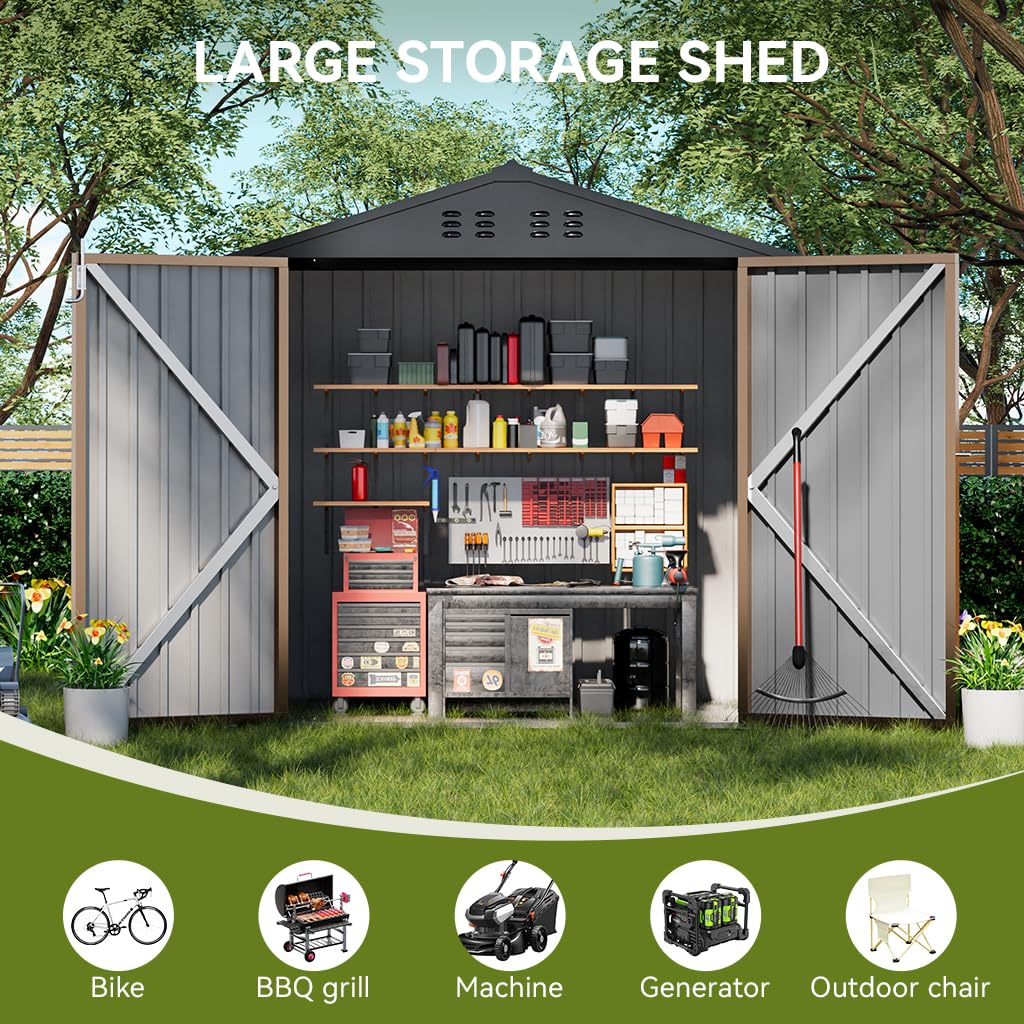 COMHOMA Shed Outdoor Storage Shed Metal,Lockable Doors Tool Sheds with Sloping Roof,Steel Garden Shed with Air Vent for Backyard,Patio,Lawn,Poolside(Brown,8'x6')