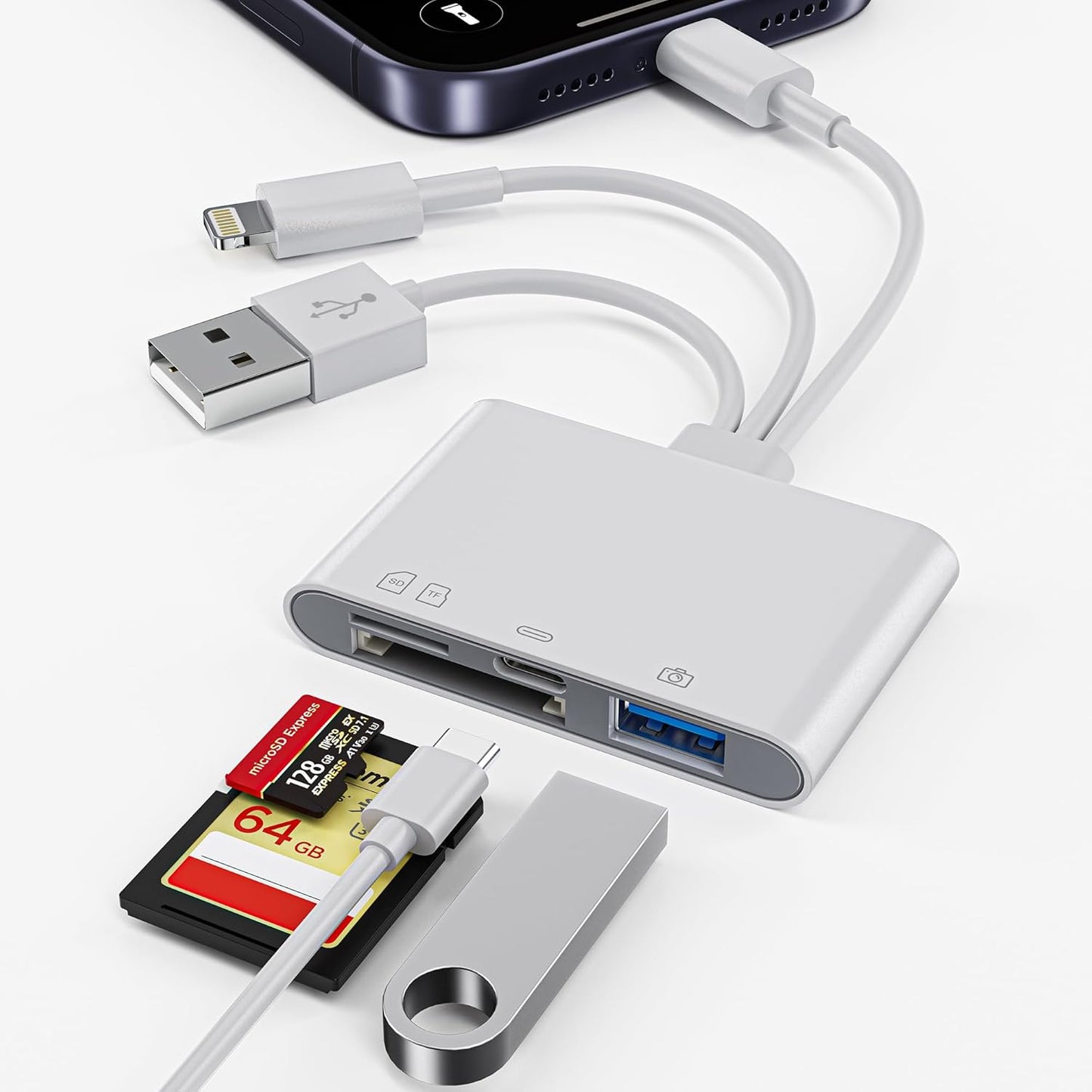 Suejezt 4 1 in SD Card Reader for iPhone/iPad/Mac, USB-C/Lightning/USB-A Memory Card Reader, Photo Transfer from