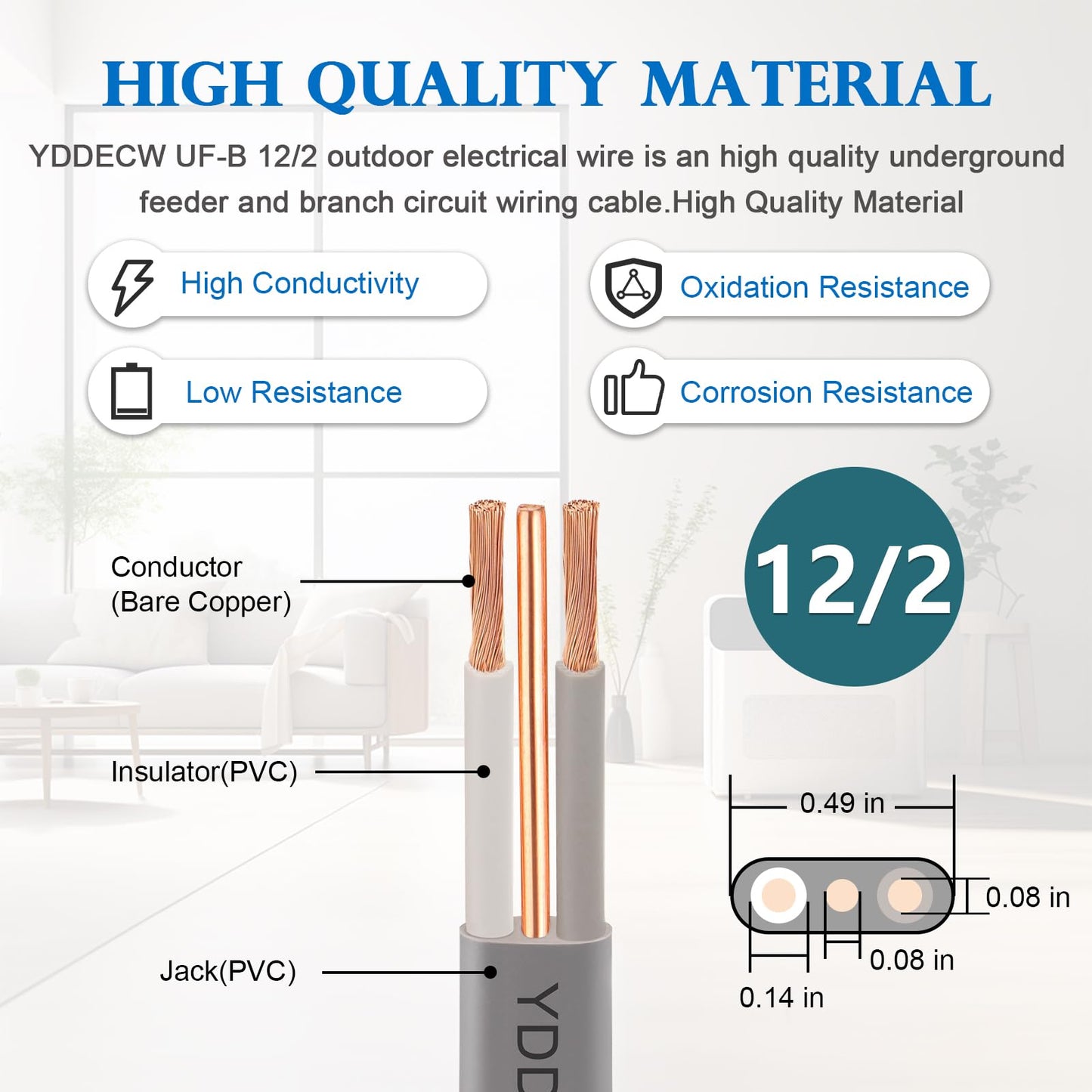 YDDECW 12/2 UF-B Wire - 100FT 100% Pure Copper 12AWG 2 Connector Direct Burial Electrical Cable 12 Gauge for Underground Feeder Wet or Corrosive Locations Indoor & Outdoor etc