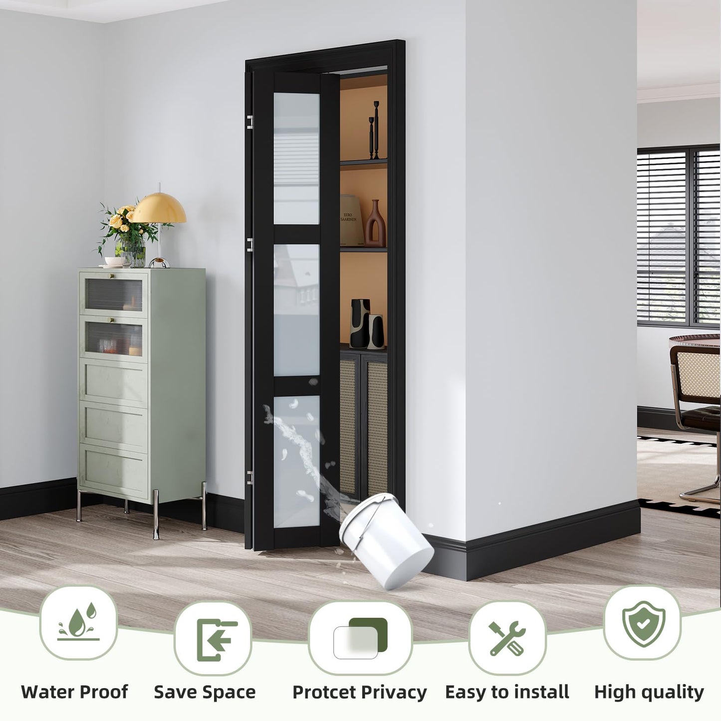 Easelife Bifold Closet Doors,Folding Door for 30" x 80" Opening,3-Lite Tempered Frosted Glass,Black Interior Bi-fold Barn Door with Concealed Sliding Hardware Kit,MDF Panel for Pantry and Laundry