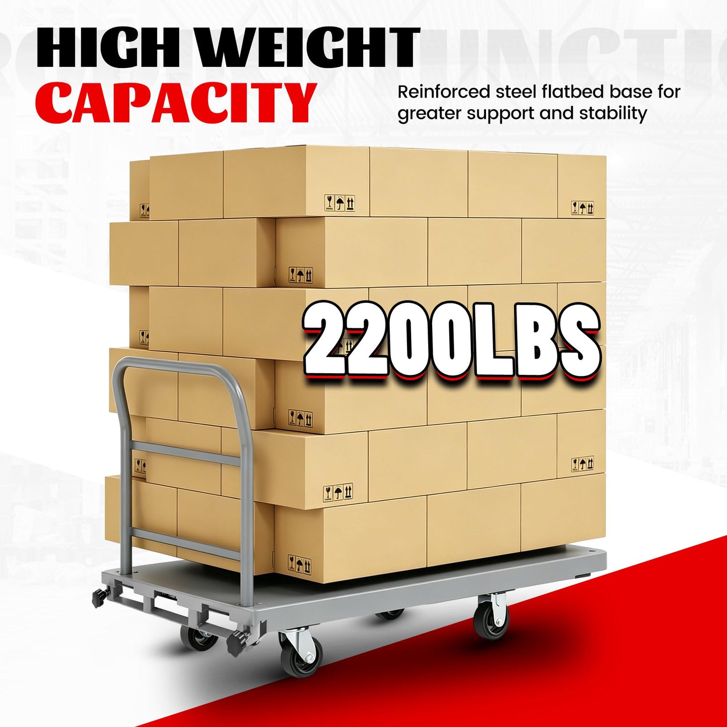 ECOTRIC Steel Platform Dolly Cart 42"x24" Truck Cart with 1 Front 2 Side Handrails 4 Swivel Casters 2200 Lbs Capacity Powder Coated Silvery