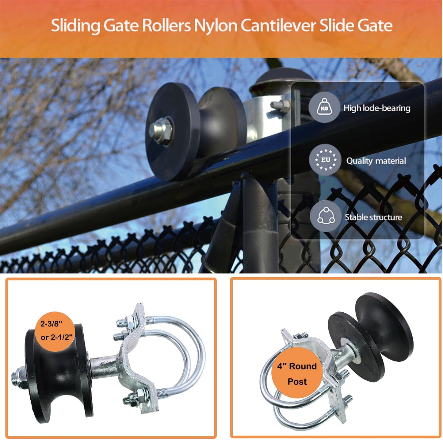Sliding gate Rollers,Cantilever Gate Rollers,Nylon Gate Rollers for 4" Round Post,2-3/8" or 2-1/2" Chain Link Fence Gate Frames -Pack of 2