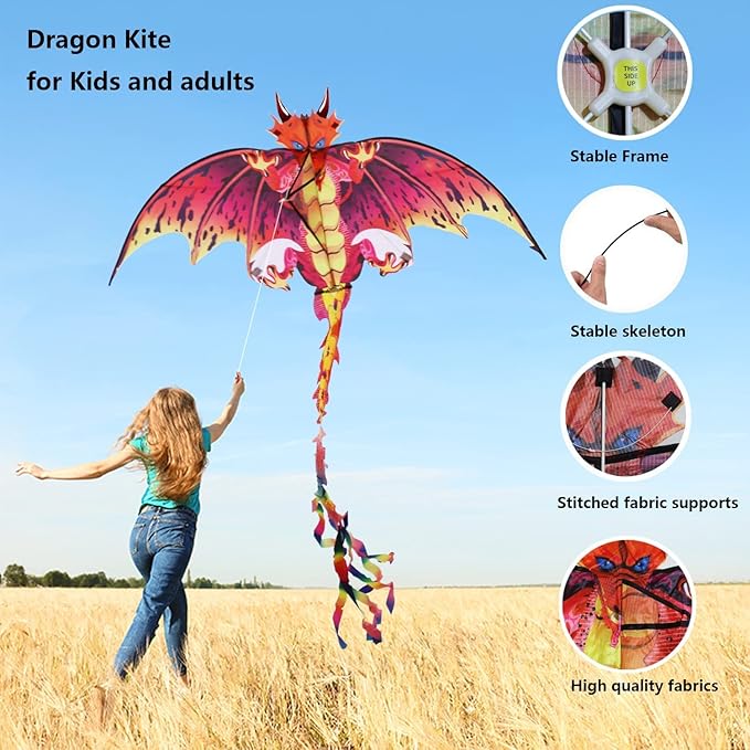 eyijklzo Green Dragon Kite Beautiful and Easy Flyer Kite for Children and Adult with Long Colorful Tail String Line Accessories Easy to Soar High Outdoor Sports Game Activities or Beach Trip