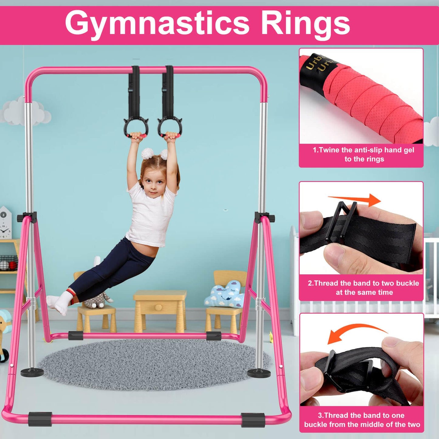 RINREA Gymnastics Rings for Kids, Children's Pull Up Rings with Adjustable Straps, Home Exercise Gym Rings for Strength/Physical Training (Pink)