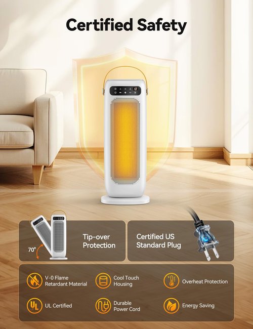 KQPZ Space Heater, 1500W PTC Ceramic Electric Heaters for Indoor Use with Remote, 4 Levels Room Heater with LED Touch Display, 110° Oscillation,10H Timer,Fast & Safe Portable Heater for Bedroom Office