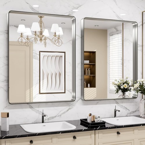 LOAAO Brushed Nickel Bathroom Mirror - 24x30 Inch Rounded Rectangle Design | Anti-Rust & Shatterproof