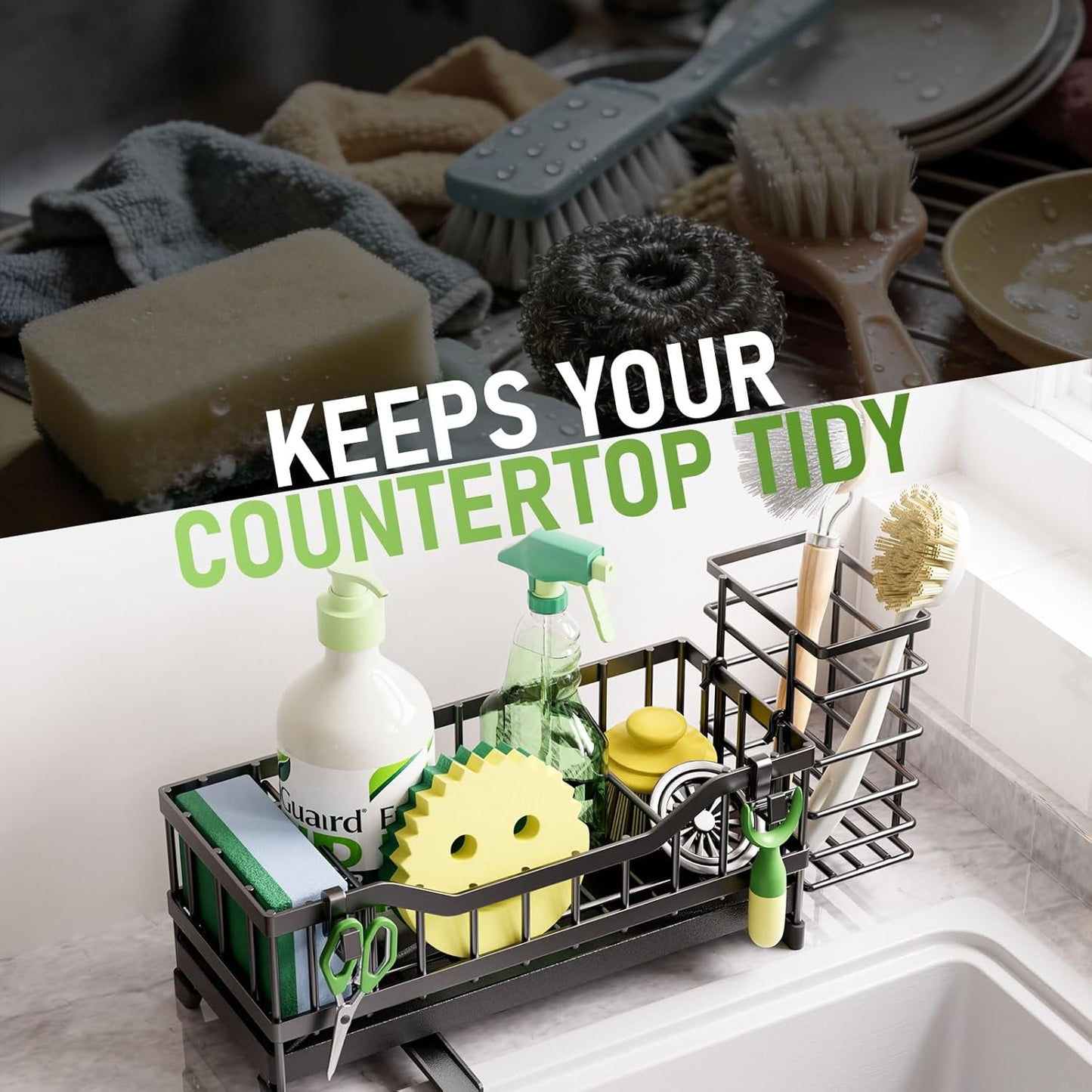 Skiennix Kitchen Sink Caddy - 304 Rustproof Stainless Steel Sponge Holder | Black Countertop Organizer