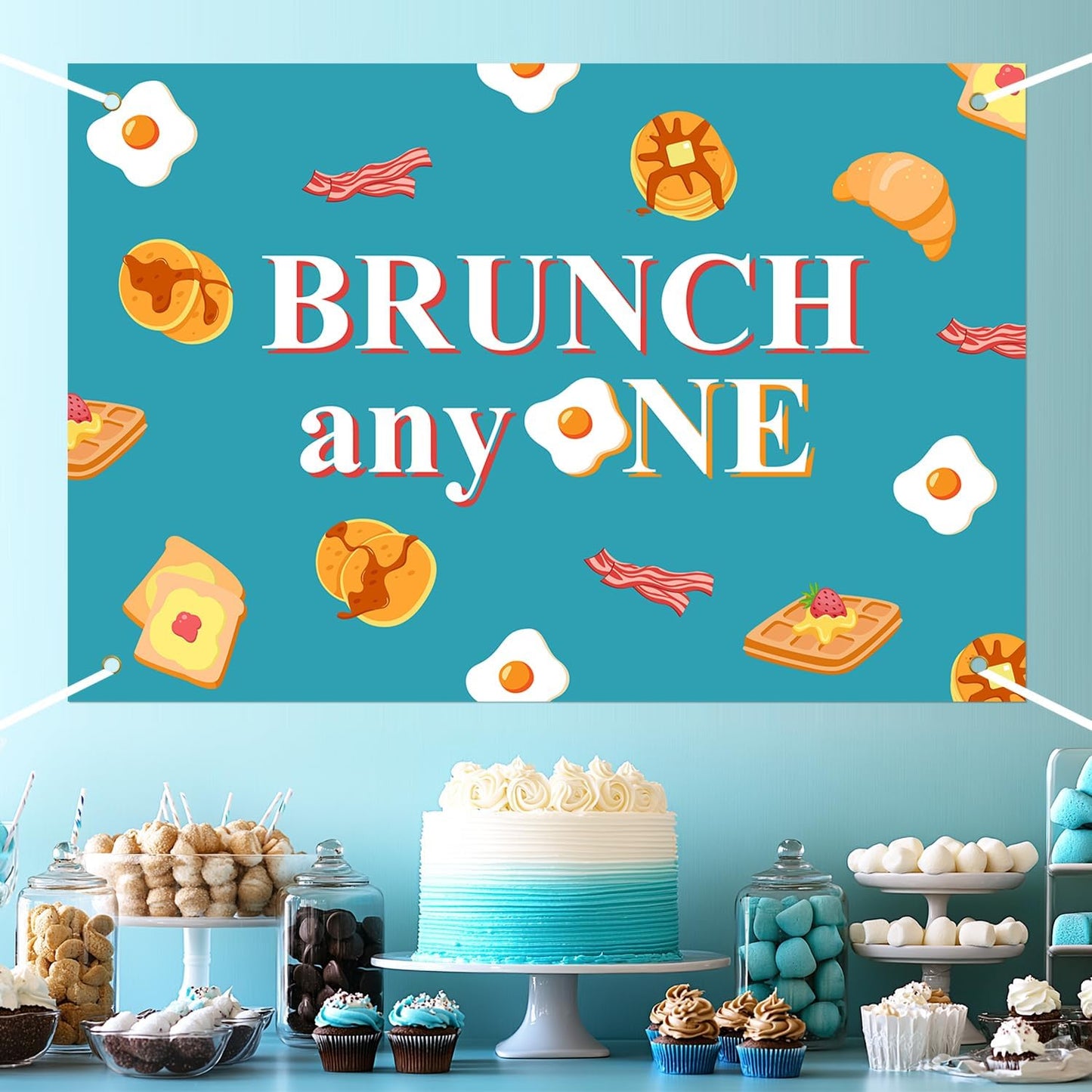 Festiblast 1st Brunch Themed Party Decorations, Brunch Anyone Backdrop Blue Breakfast Food Birthday Party Decor
