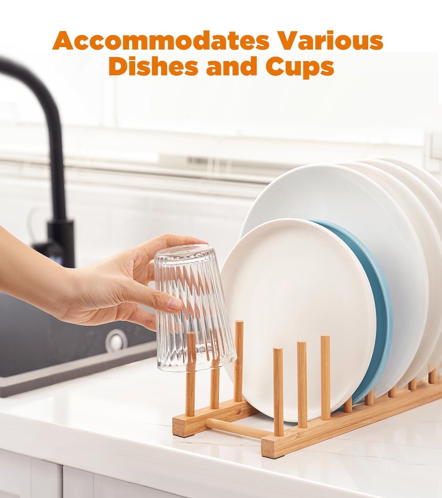 RISHTEN Bamboo Dish Drying Rack, 2 Pack Wooden Storage Holder Organizer for Plate/Bowl/Cup/Book/Pot/Lid/Cutting Board Drying Rack Stand Holder