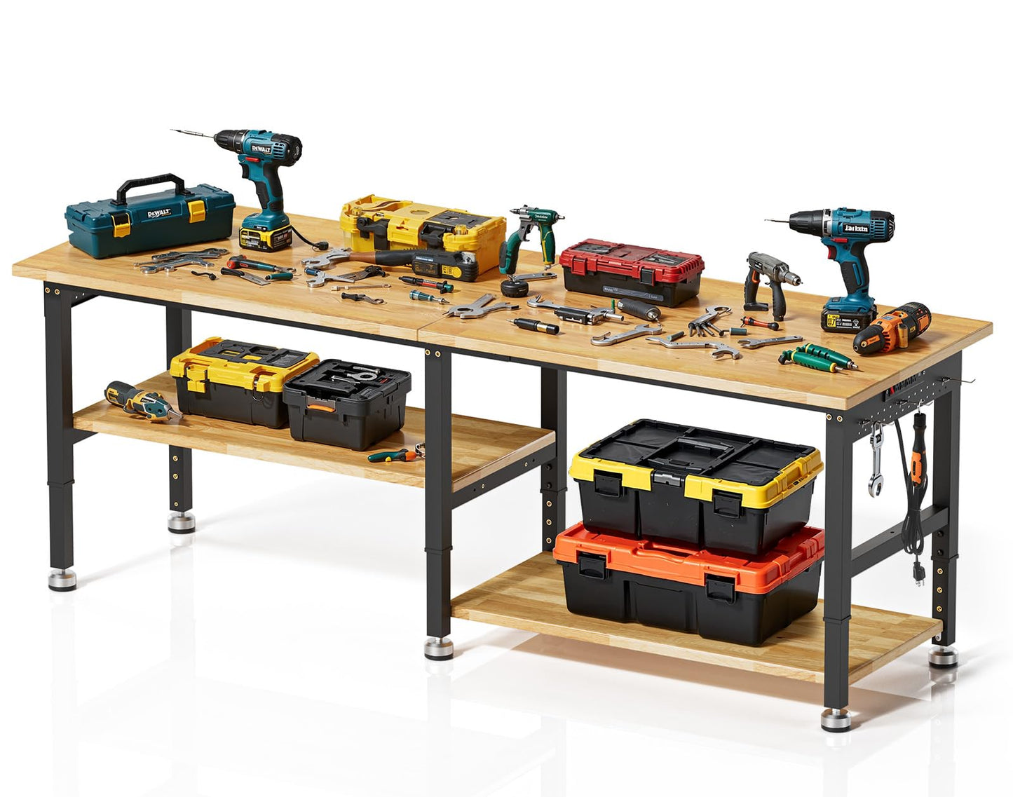 MUWOOD 96” Heavy Duty Work Bench, 2-Layer Adjustable Workbench, 5000 LBS Capacity Work Bench with Power Outlet & Pegboard, Rubber Wood Work Table for Garage, Workshop, Office, Home
