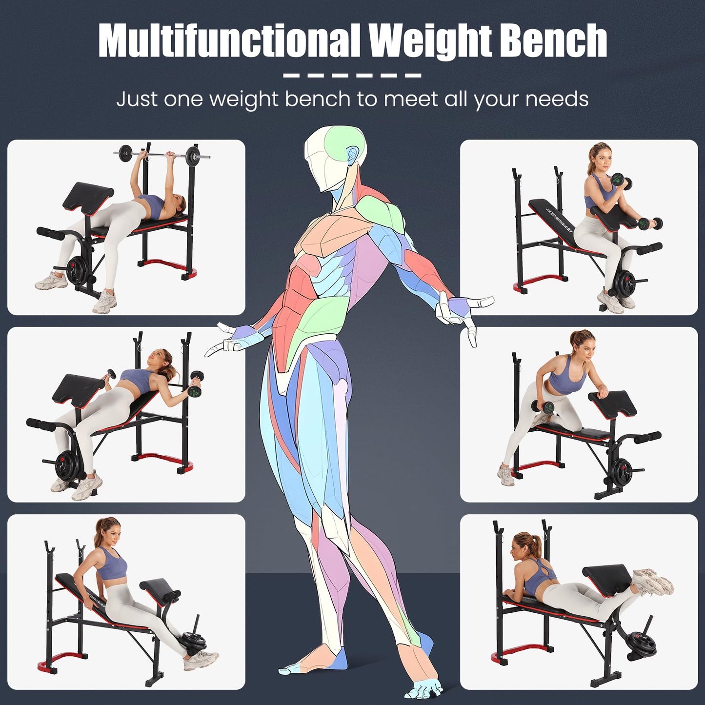 OPPSDECOR 661LBS Weight Bench Set, 8 in 1 Adjustable Bench Press with Squat Rack Leg Extension & Leg Curl Foldable Workout Bench with Safety Bar Catches Standard Weight Training Benches for Home Gym (Black)