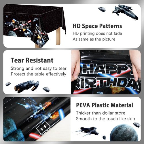3 Pieces Space Battleship Wars Themed Birthday Party Decorations Tablecloth, Large Size 54 x 108 Inch Rectangular Plastic Table Cloth Star Galaxy Universe Starship for Boys Kids Party Decorations