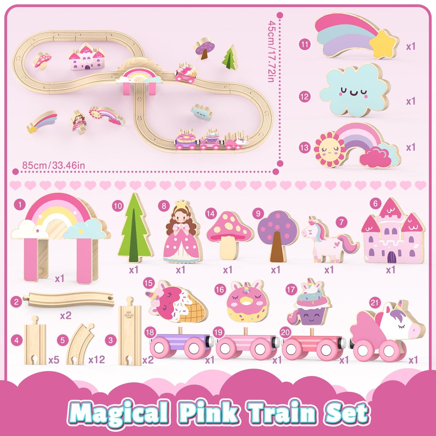 Lehoo Castle Wooden Train Set - Unicorn Train Set for Toddlers 2-4, Wooden Train Track Toddler Girl Toys, Pink Train Fantasy Toys for 3 4 5 6 7 Year Old Girl