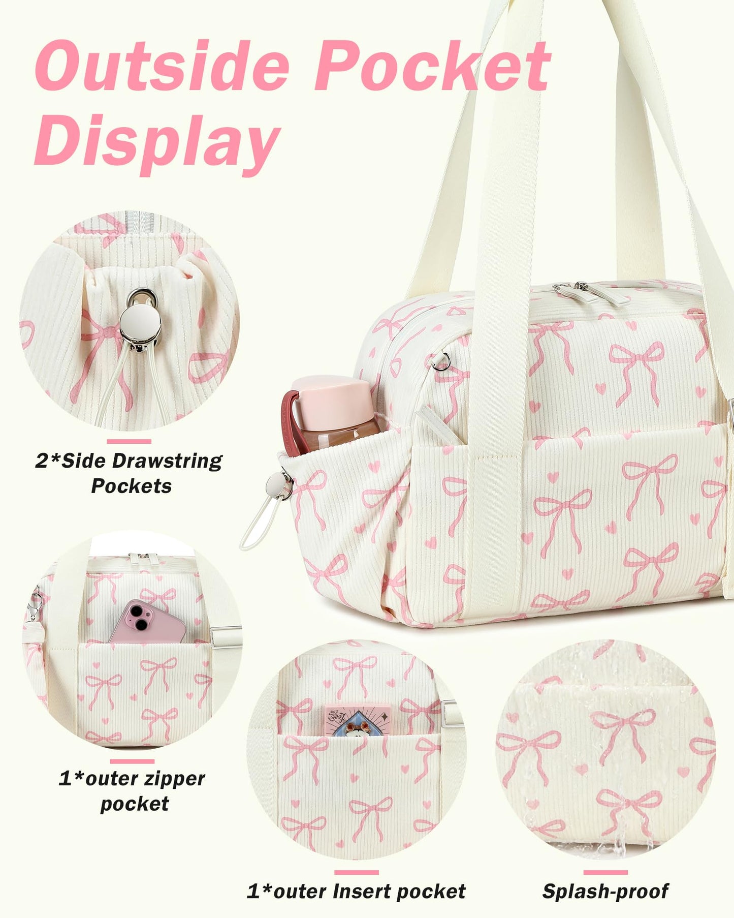 LOIDOU Mini Gym Bag for Women Girls, Small Corduroy Sports Duffel with Wet Pocket and Adjustable Strap, Cute Bow Workout Yoga Dance Tote, Travel Carrying Fits Shoes (Pink Bow-Beige)
