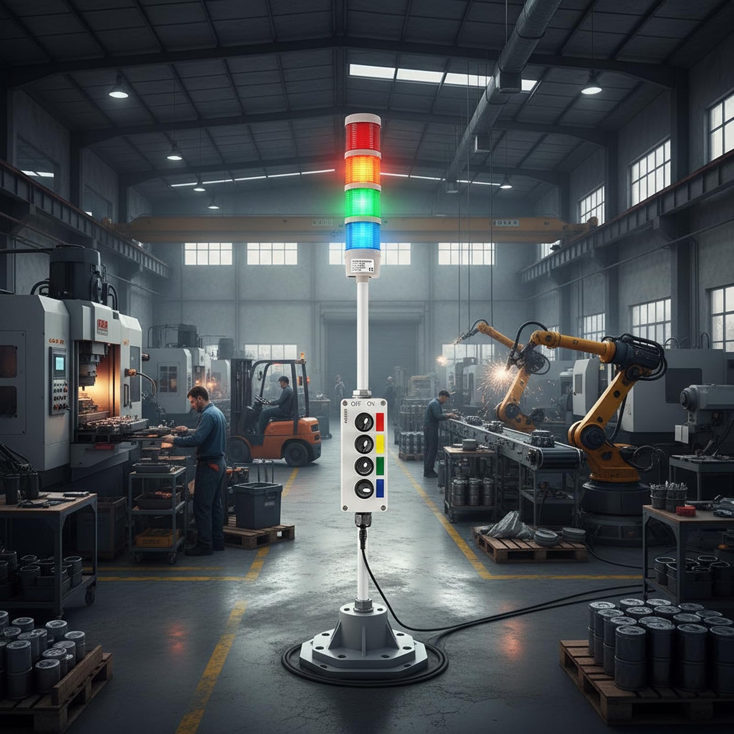 ANDONT 4-Stack LED Andon Tower Signal Light, Red/Yellow/Green/Blue, On/Off, ABB Selector Switch, Mean Well Industrial Power Adapter 6 ft, IP65 Rated, Plug-and-Play