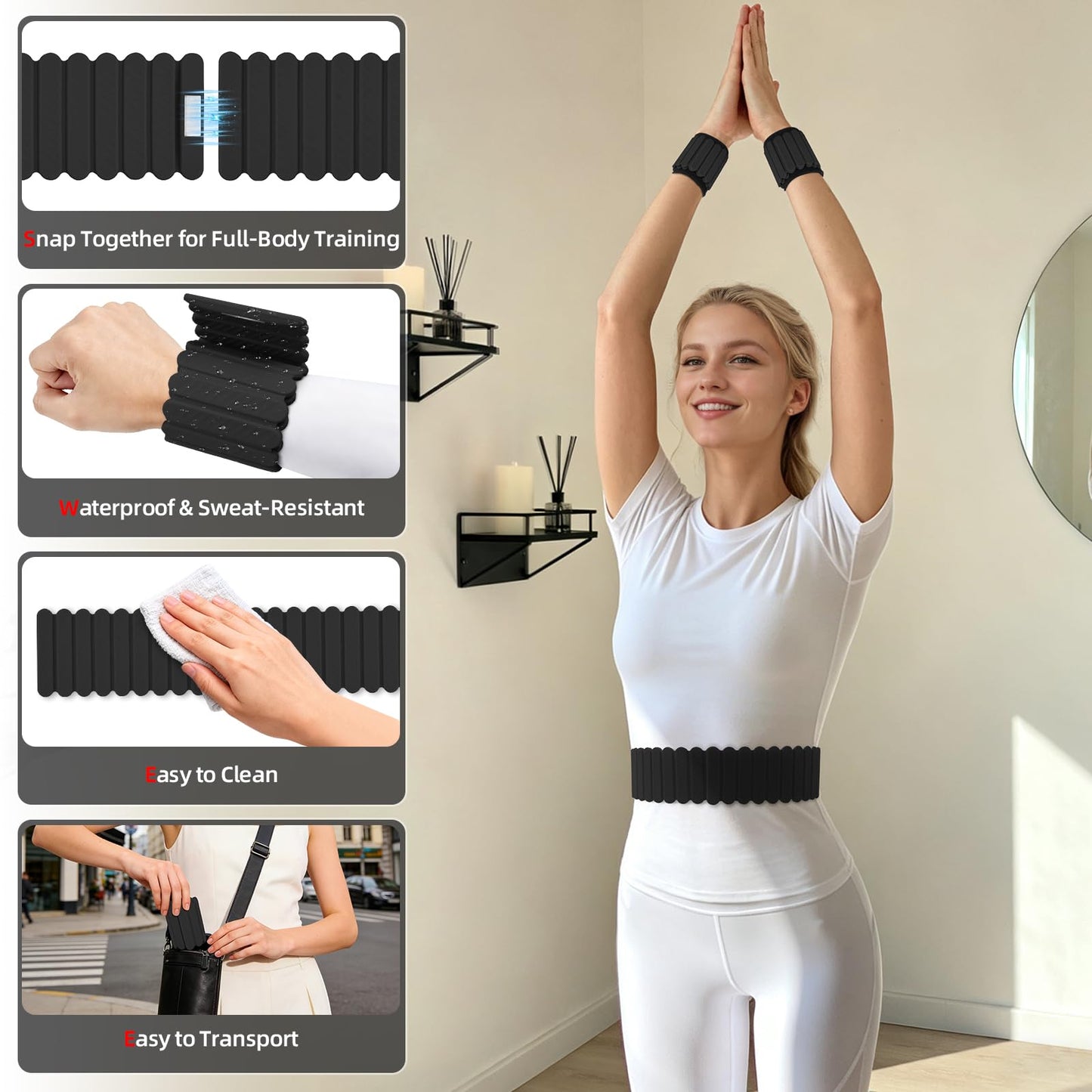 Abahub Wearable Wrist & Ankle Weights Set of 2, Stackable Magnetic Weighted Bracelet for Women, Waterproof Silicone Arm Leg Weights for Home Gym Workout, Walking, Yoga & Pilates - Black, 2.2LB