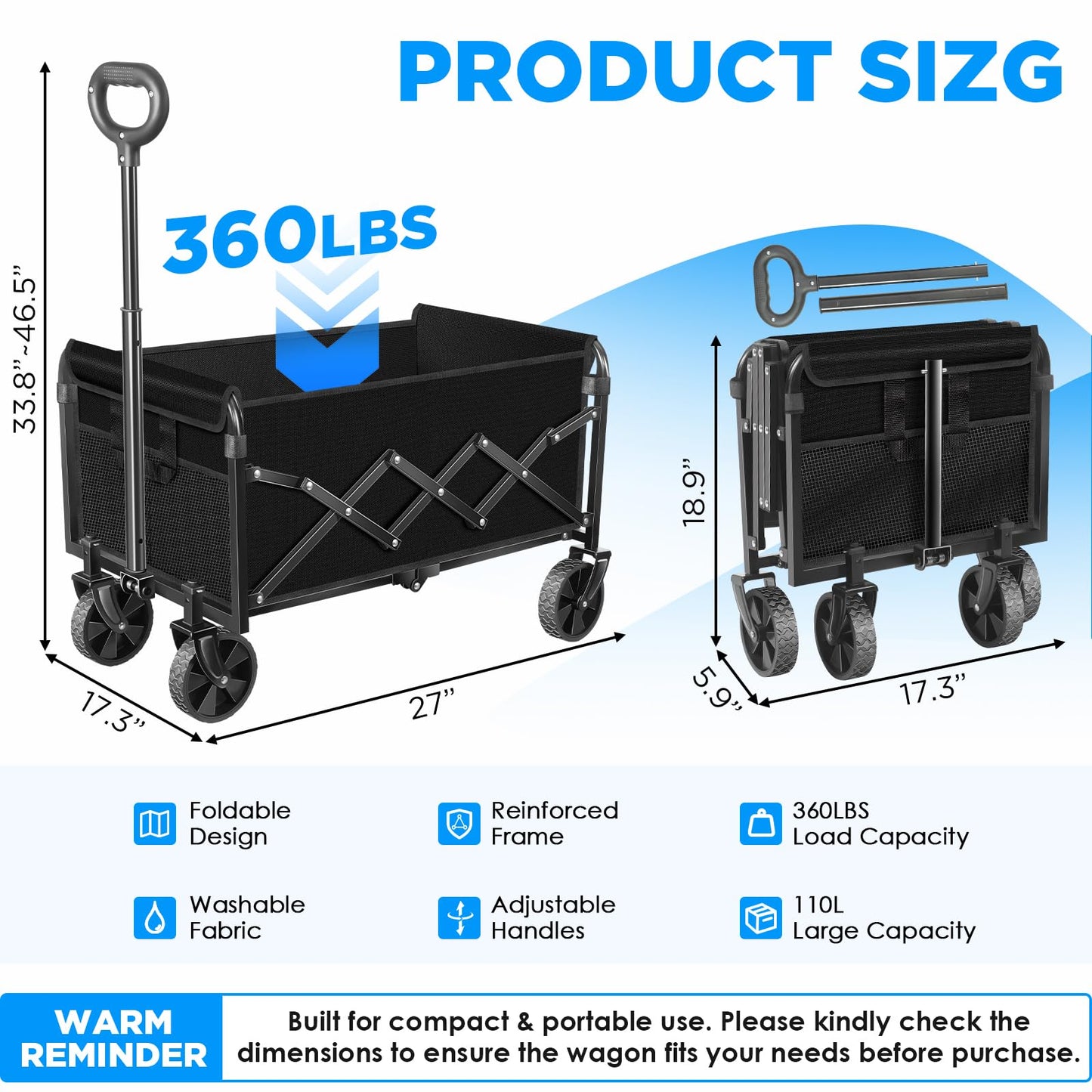 Wagons Carts Foldable, Collapsible Wagon with Wheels, 360LBS Folding Grocery Wagon Cart for Grocery, Camping, Shopping, Garden, Sports