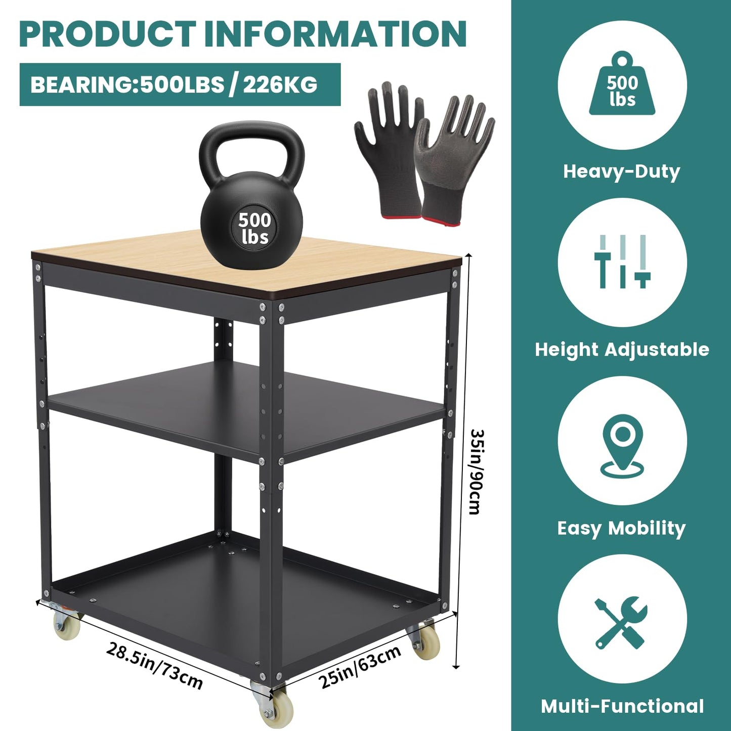 Planer Stand,Height Adjustable Planer Table with Wheels, 500 lbs Load Capacity Three-Tier Storage Tool Stand for Planers, Miter Saws, Table Saws, and Power Tools