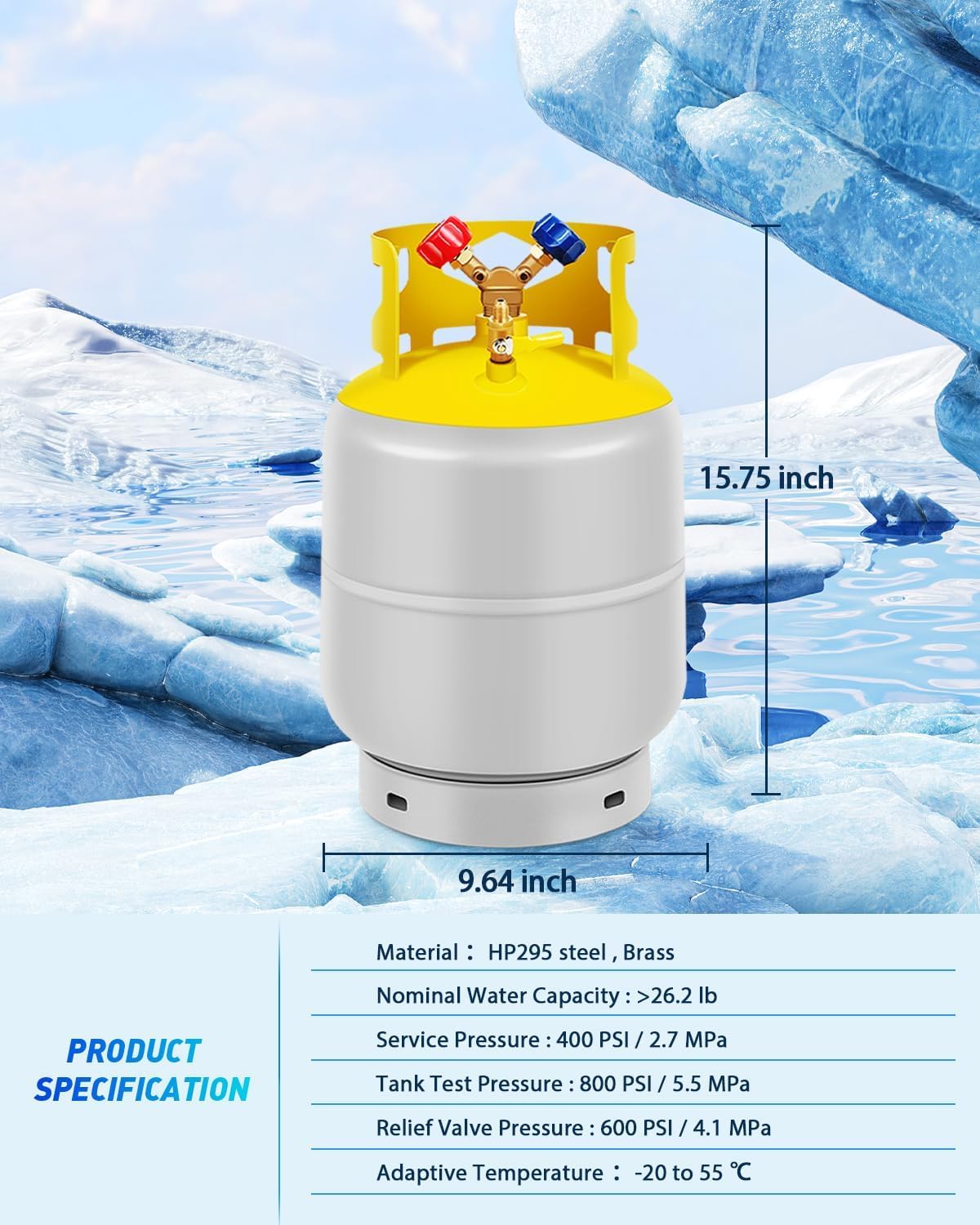 Recovery Tank Refrigerant Recovery Cylinder Tank 30 LB with 1/4 SAE Y-Valve Liquid/Vapor Reclaim Tank AC Freon Refrigerant Recovery Tank Reusable Cylinder Tank Without Float Switch