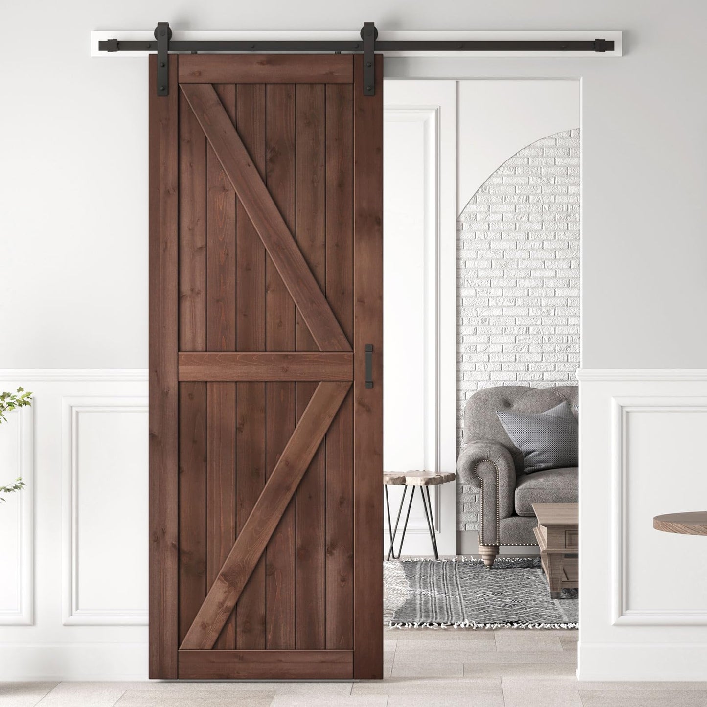 ROYMELO 36x96 inch Sliding Barn Wood Door Slab with 6.6ft Hardware Kit and Handle, Coffee, K Shape, Simple DIY Assembly