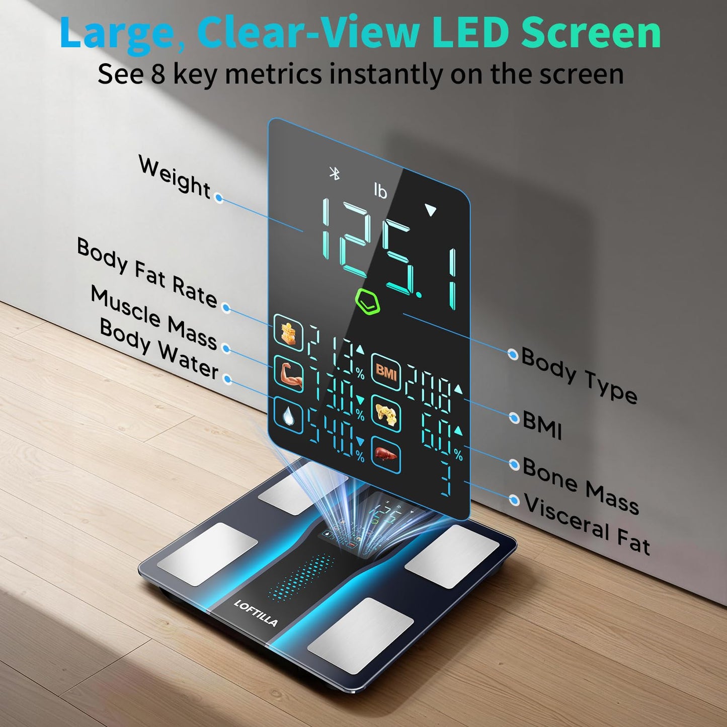 LOFTILLA Smart Scale for Body Weight, Accurate Scale with BMI Body Fat Muscle Mass, 8-in-1 Large Display, Digital Bathroom Scales for 14 Body Composition Metrics, Sync with Fitness App, Black