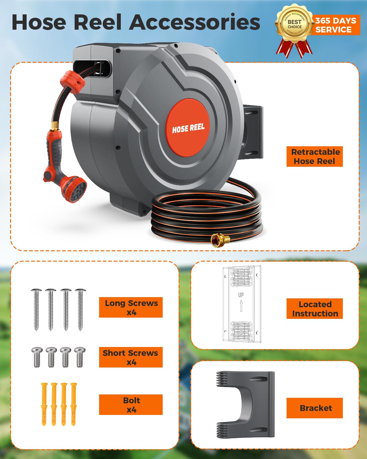 Retractable Garden Hose Reel,Wall Mounted 100 ft 5/8 Inch Automatic Return, Any-Length Lock, 9-Pattern Sprayer, 180° Swivel, Durable Water Hose Reel for Yard and Home