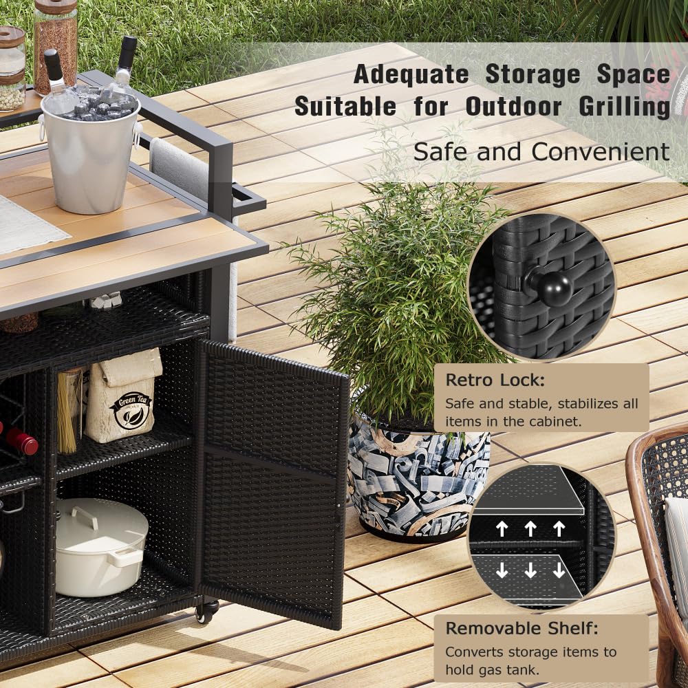 Dfchlda 52.8" Wicker Outdoor Grill Cart with Extended Plastic Wood Table Top, Rolling Kitchen Island with Storage Cabinet, Double Handle Design for Patio, Backyard, Garden, Poolside(Black Brown)