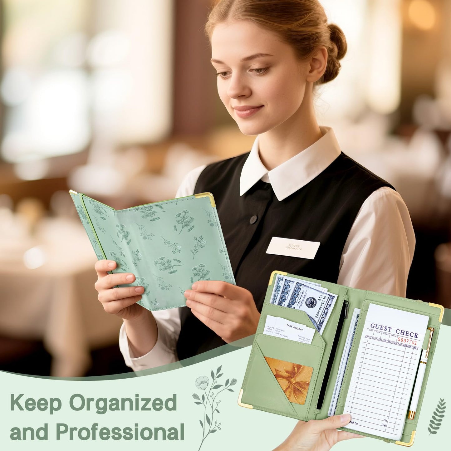Server Book, Faux Leather Server Books for Waitress, Cute Servers Book with Zipper Pocket & Pen Holder, Serving Books Fits Servers Apron, Sage-Green