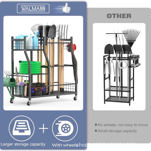 Garden Tool Organizer Rack by Extra Large | Heavy-Duty Storage Stand with Wheels for 60+ Tools - Black