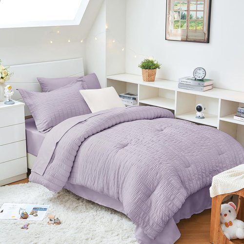 HYMOKEGE Twin XL Comforter Set - Luxury Seersucker 5-Piece Bedding Set in Lavender for All Seasons