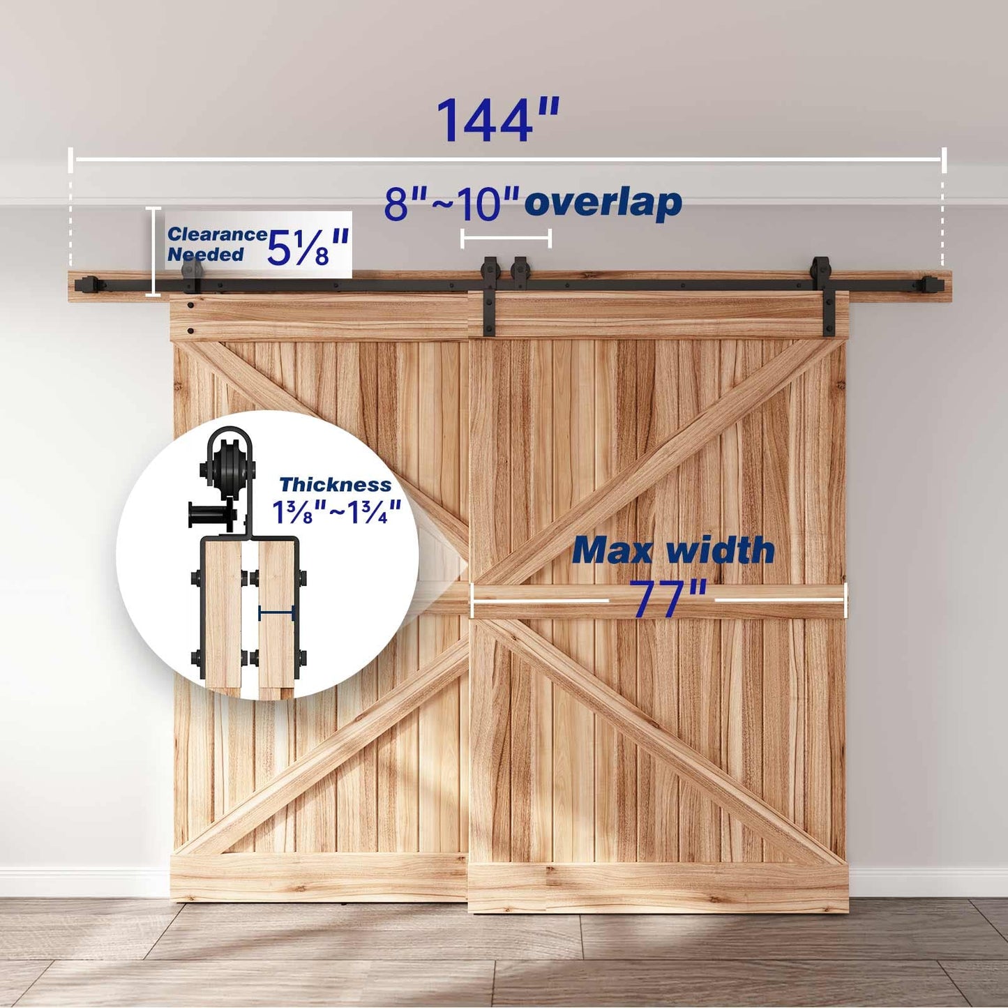 EaseLife 12 FT Bypass Double Sliding Barn Door Hardware Kit,Single Track, Slide Smoothly Quietly, Easy Install (12FT Track Kit for Double 77" Wide Door)