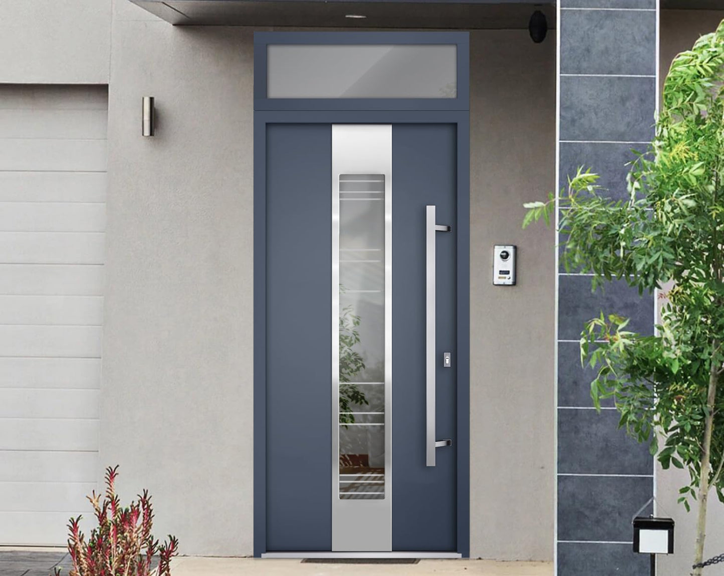 VDOMDOORS Front Exterior Prehung Steel Door/Deux 5755 Gray Graphite/Top Exterior Window/Stainless Inserts Single Modern Painted-W36 x H80+16"-Left-Hand Inswing