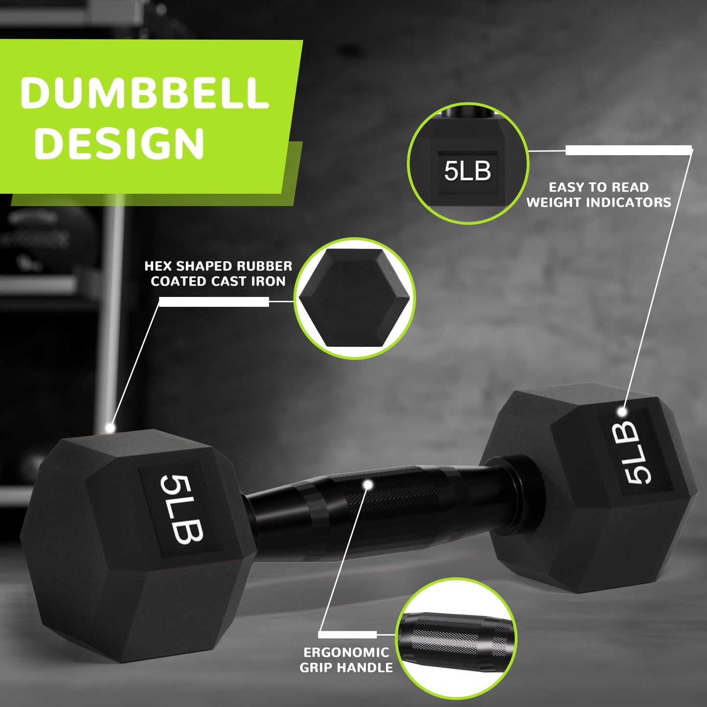 Fitvids Rubber Encased Exercise & Fitness Hex Dumbbell with Anti-Slip Metal Handle for Home Gym, 5 LB Pair